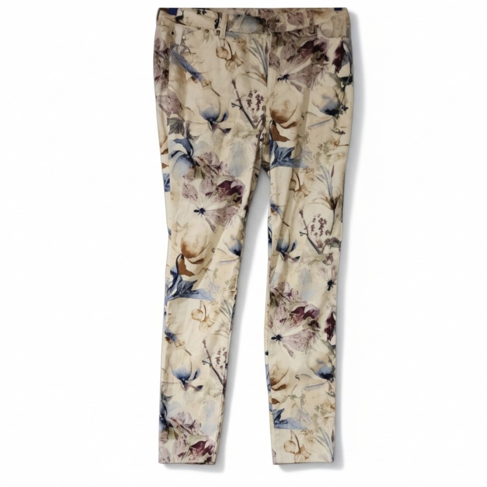 Chico's Floral Jeggings Womens 8 Tan Brown Stretch Denim Slim Leg Pants Floral